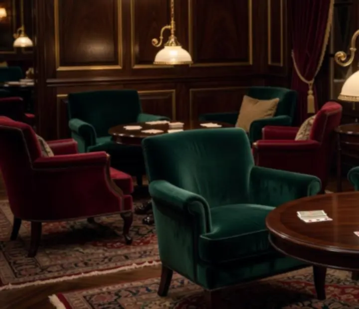Ambiance lounge chic avec fauteuils confortables, bois sombre et lumière tamisée