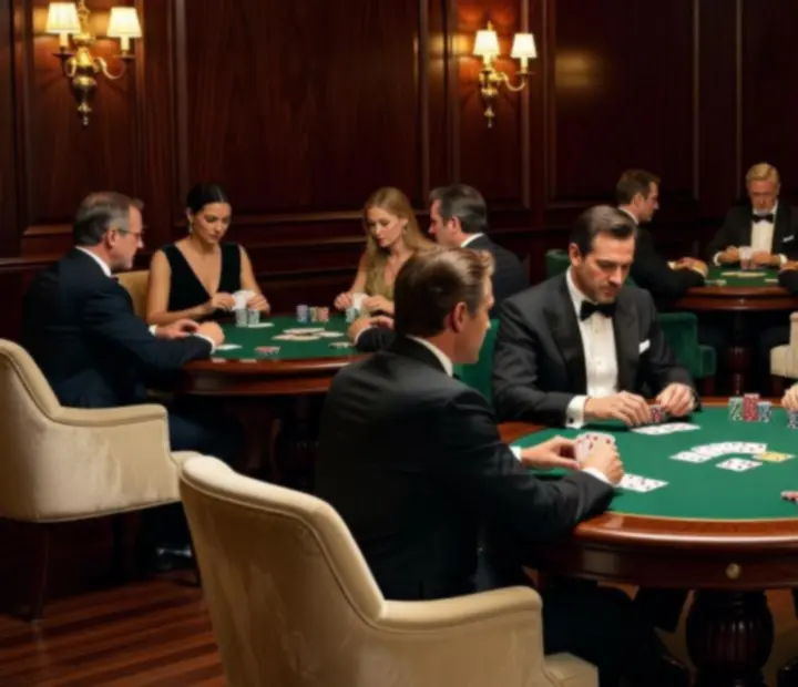 Ambiance feutrée du salon de cartes avec tables de poker et lumières tamisées
