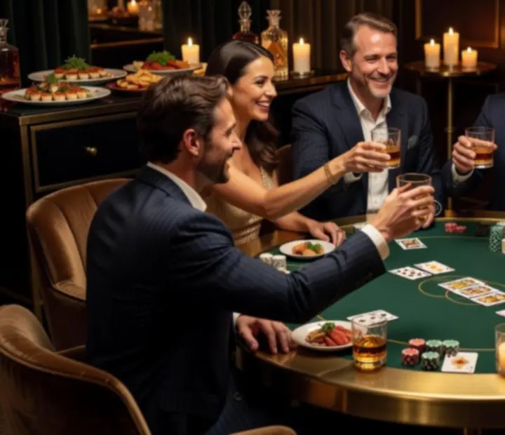 Ambiance de soirée poker avec rires, cartes et gastronomie