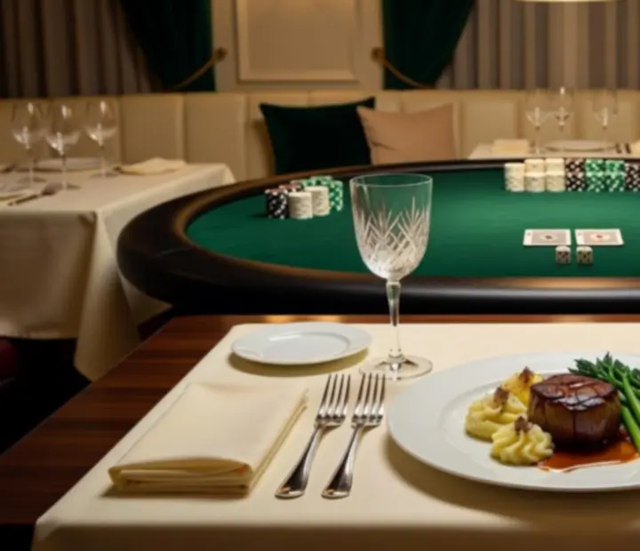 Table gastronomique dress&eacute;e avec cartes de poker et jetons dans le restaurant Bel Unique