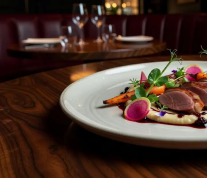 Plat signature gastronomique joliment dressé sur une assiette raffinée