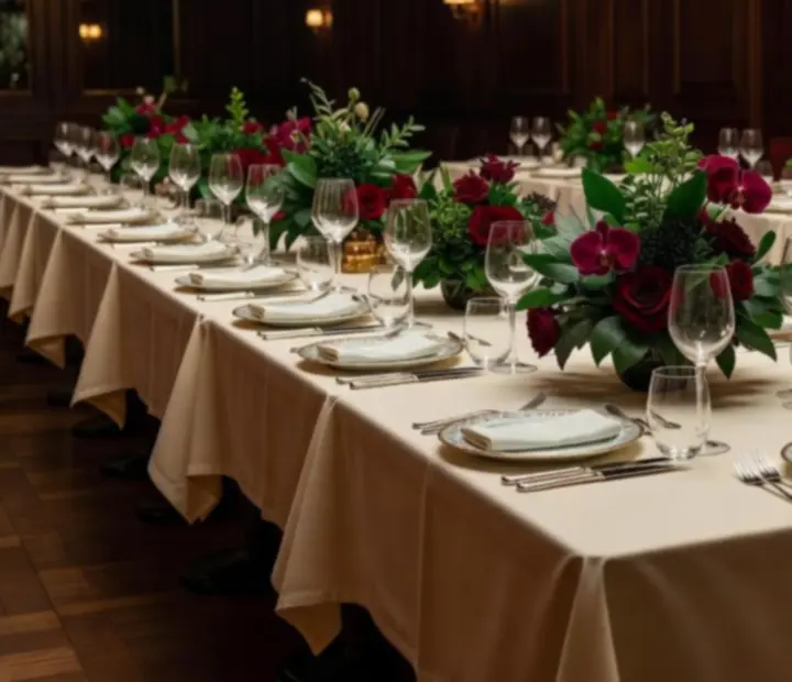 Table dressée avec plats gastronomiques et verres de vin dans un restaurant élégant
