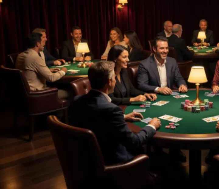 Salon de cartes élégant avec tables de poker, fauteuils et éclairage tamisé