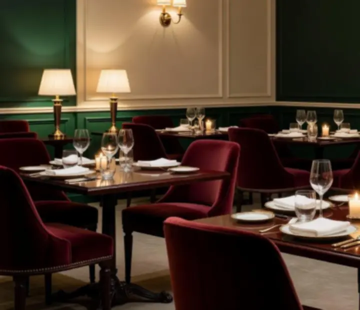 Salle de restaurant élégante avec tables dressées et atmosphère feutrée