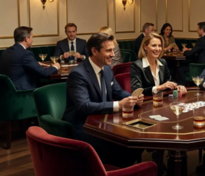Ambiance feutr&eacute;e du salon de cartes Bel Unique avec tables de poker et fauteuils confortables