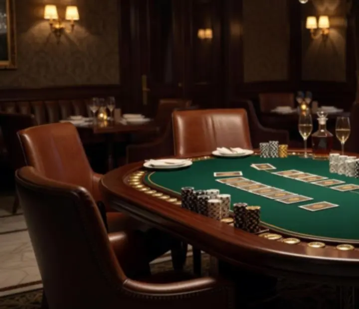 Table de poker élégante installée au sein du restaurant avec jetons et cartes